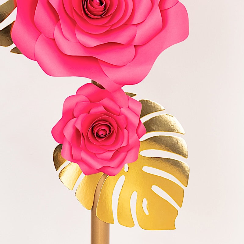 9 3D Rose Paper Flowers with Gold Monstera Leaves Hanging Wall Decor