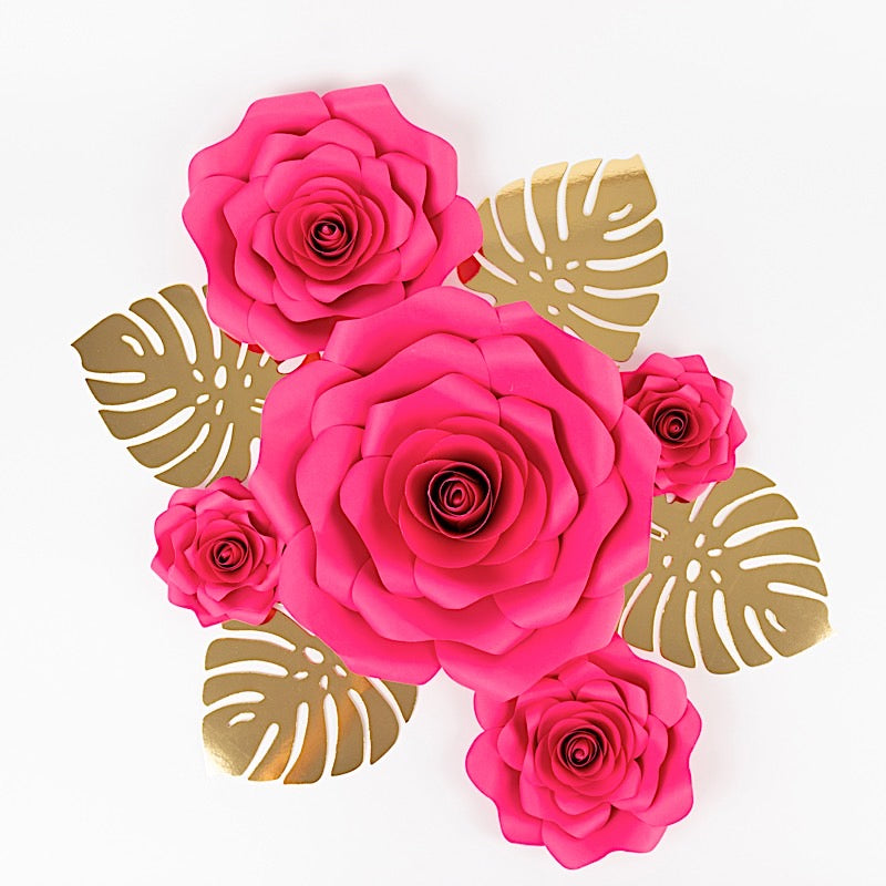 9 3D Rose Paper Flowers with Gold Monstera Leaves Hanging Wall Decor