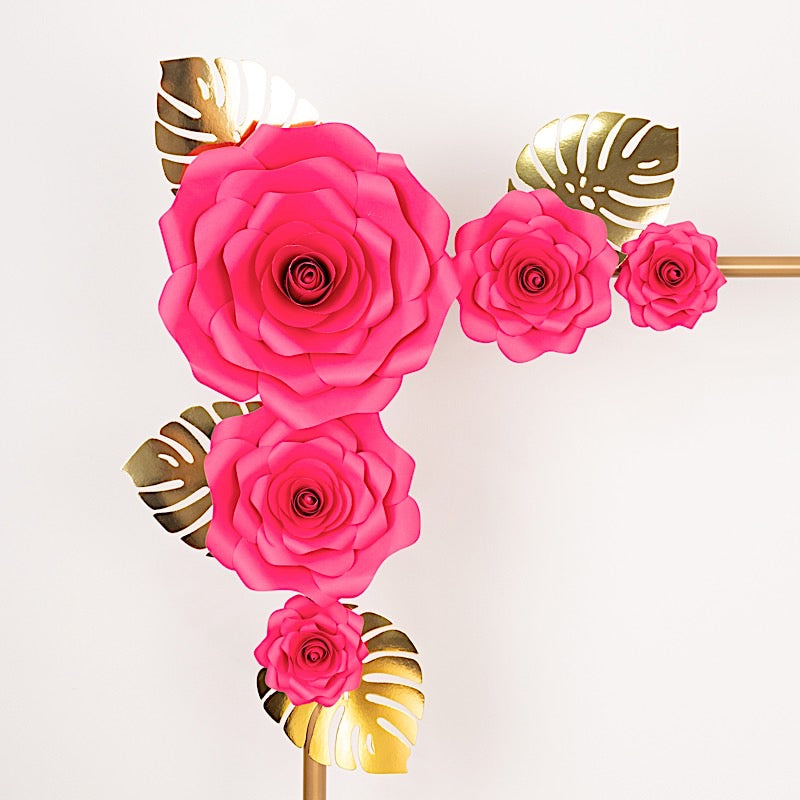 9 3D Rose Paper Flowers with Gold Monstera Leaves Hanging Wall Decor