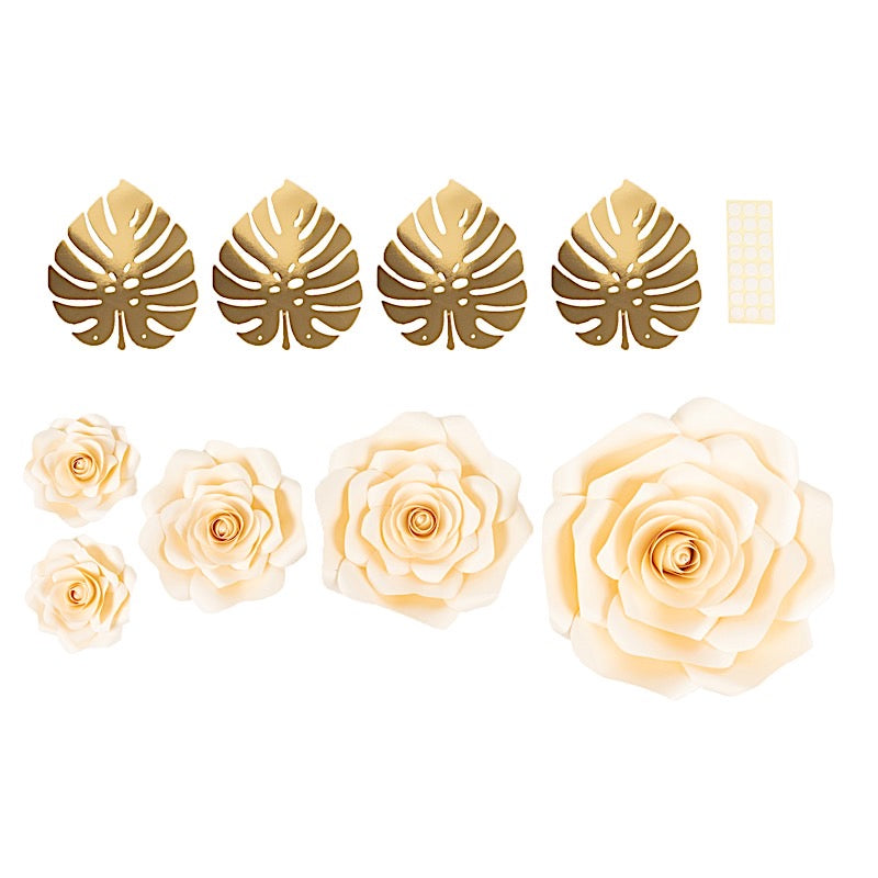 9 3D Rose Paper Flowers with Gold Monstera Leaves Hanging Wall Decor