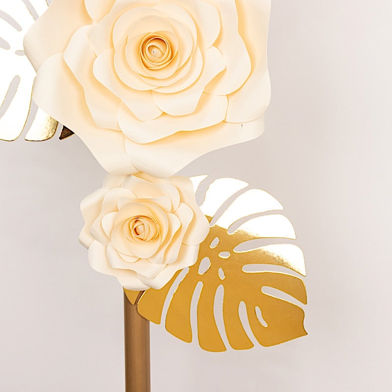 9 3D Rose Paper Flowers with Gold Monstera Leaves Hanging Wall Decor