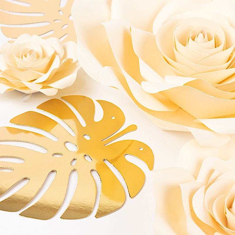 9 3D Rose Paper Flowers with Gold Monstera Leaves Hanging Wall Decor