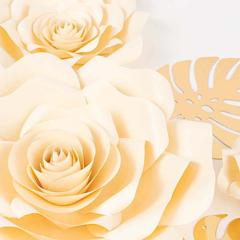 9 3D Rose Paper Flowers with Gold Monstera Leaves Hanging Wall Decor