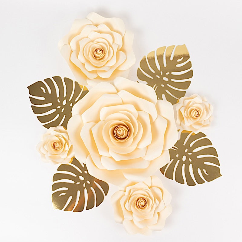 9 3D Rose Paper Flowers with Gold Monstera Leaves Hanging Wall Decor