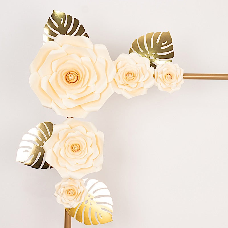 9 3D Rose Paper Flowers with Gold Monstera Leaves Hanging Wall Decor