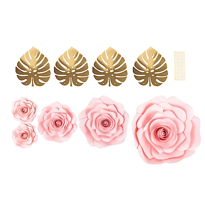 9 3D Rose Paper Flowers with Gold Monstera Leaves Hanging Wall Decor