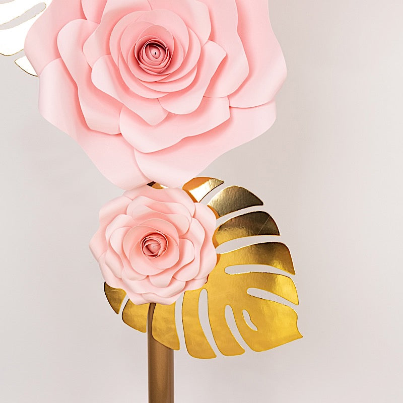 9 3D Rose Paper Flowers with Gold Monstera Leaves Hanging Wall Decor