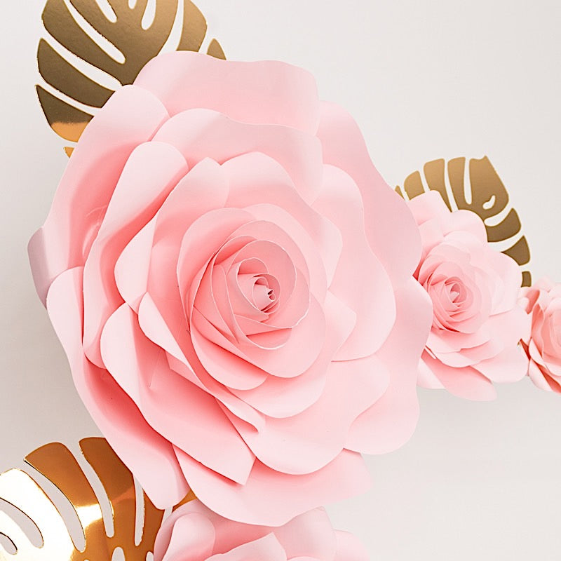 9 3D Rose Paper Flowers with Gold Monstera Leaves Hanging Wall Decor