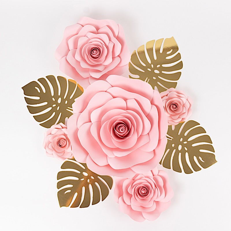 9 3D Rose Paper Flowers with Gold Monstera Leaves Hanging Wall Decor