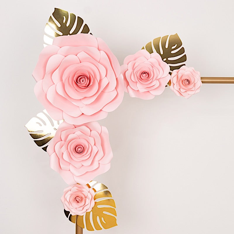 9 3D Rose Paper Flowers with Gold Monstera Leaves Hanging Wall Decor