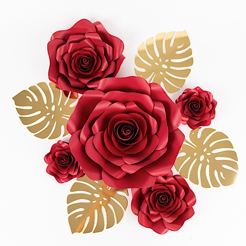 9 3D Rose Paper Flowers with Gold Monstera Leaves Hanging Wall Decor