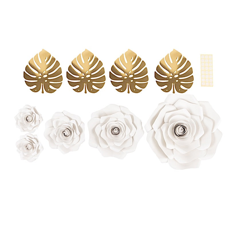 9 3D Rose Paper Flowers with Gold Monstera Leaves Hanging Wall Decor