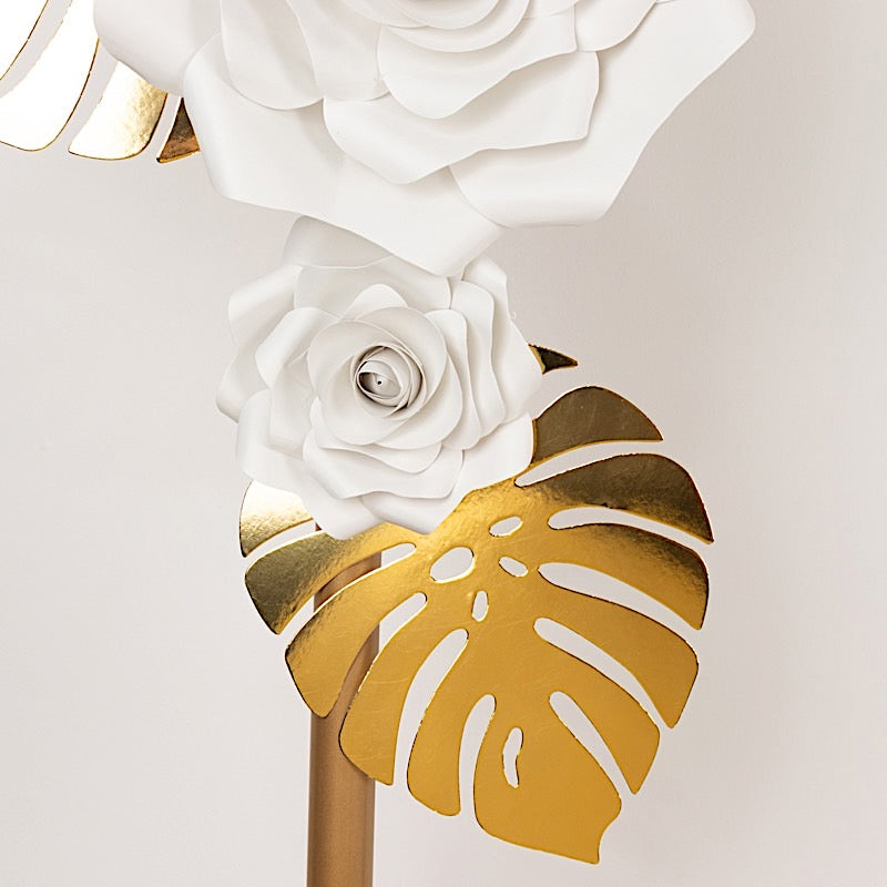 9 3D Rose Paper Flowers with Gold Monstera Leaves Hanging Wall Decor