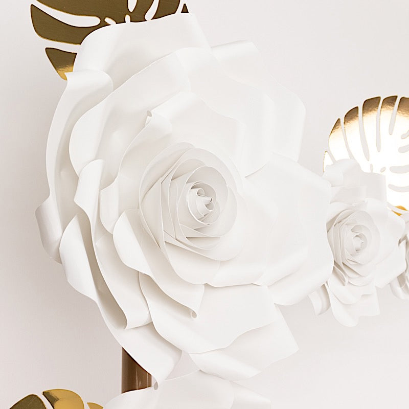 9 3D Rose Paper Flowers with Gold Monstera Leaves Hanging Wall Decor