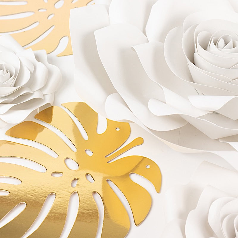 9 3D Rose Paper Flowers with Gold Monstera Leaves Hanging Wall Decor