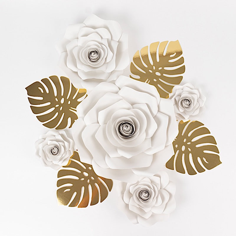 9 3D Rose Paper Flowers with Gold Monstera Leaves Hanging Wall Decor