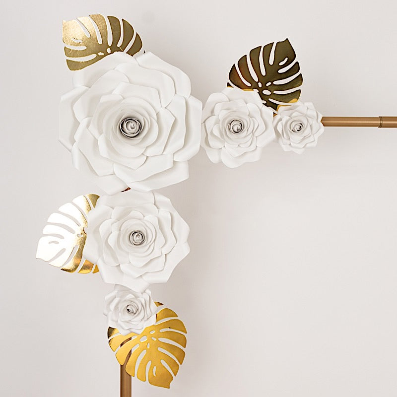 9 3D Rose Paper Flowers with Gold Monstera Leaves Hanging Wall Decor