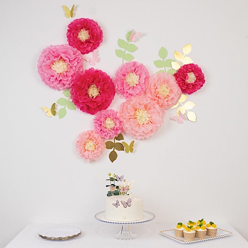 21 Tissue Paper Chrysanthemum Flowers with Butterflies and Leaves Pom Poms Set