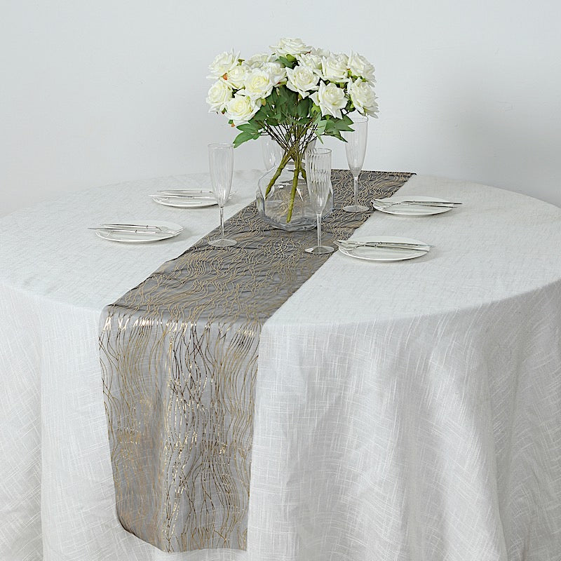 5 Organza 12x108 in Table Runners with Foil Wave Design