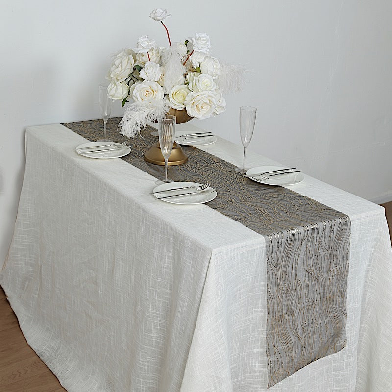 5 Organza 12x108 in Table Runners with Foil Wave Design