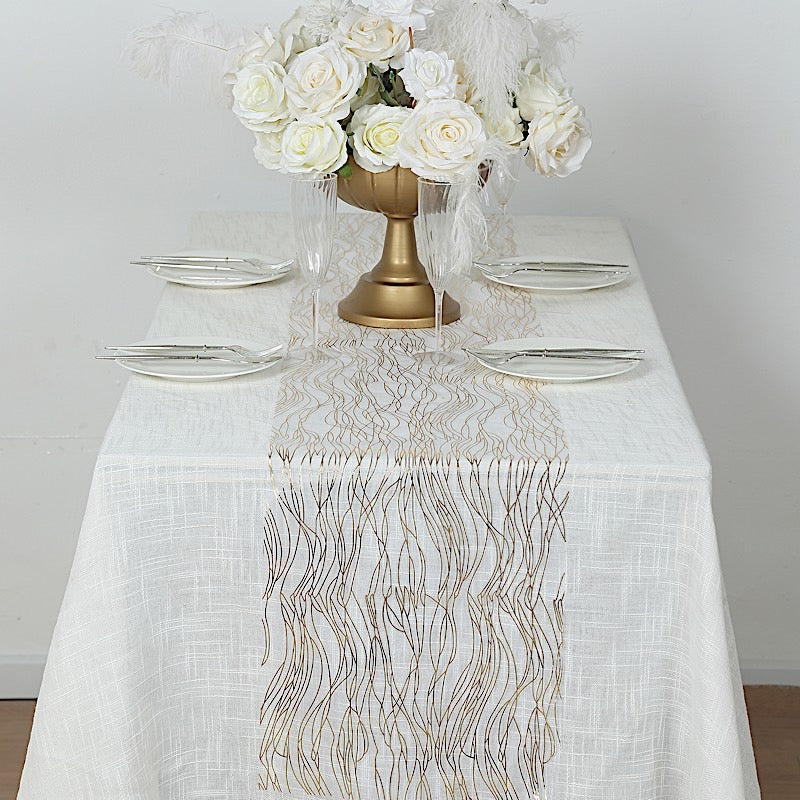 5 Organza 12x108 in Table Runners with Foil Wave Design