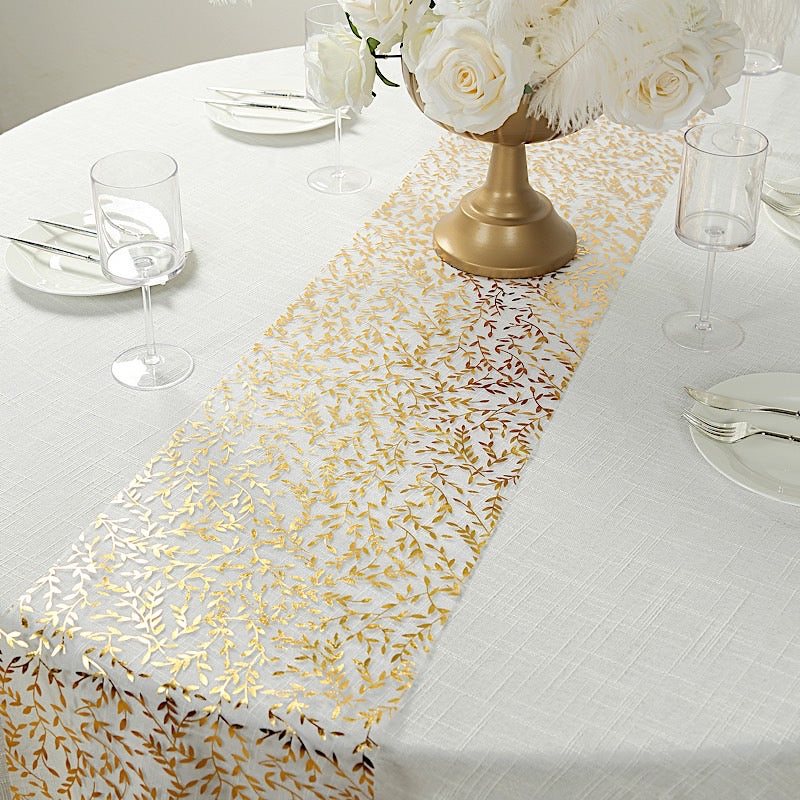 5 White 11x108 in Organza Mesh Table Runner Rolls with Gold Foil Leaf Vines