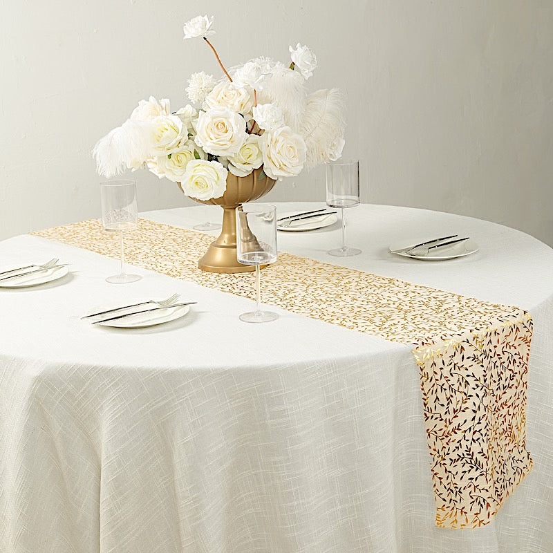 5 White 11x108 in Organza Mesh Table Runner Rolls with Gold Foil Leaf Vines