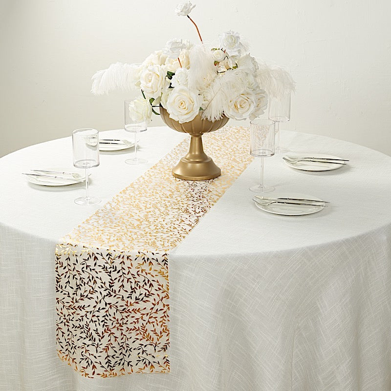 5 White 11x108 in Organza Mesh Table Runner Rolls with Gold Foil Leaf Vines