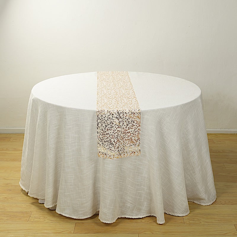 5 White 11x108 in Organza Mesh Table Runner Rolls with Gold Foil Leaf Vines