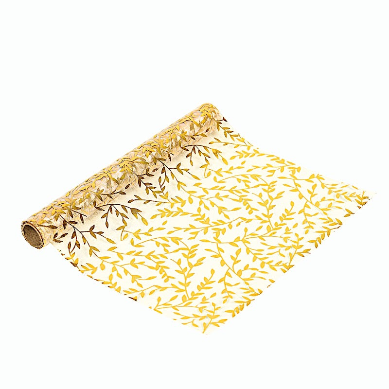 5 White 11x108 in Organza Mesh Table Runner Rolls with Gold Foil Leaf Vines