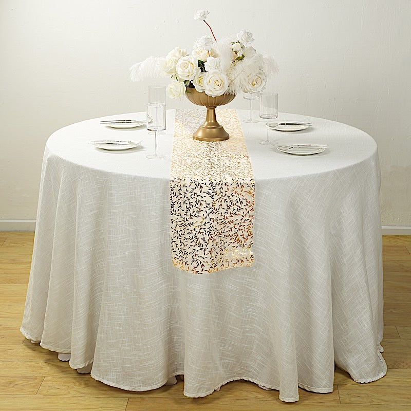 5 White 11x108 in Organza Mesh Table Runner Rolls with Gold Foil Leaf Vines