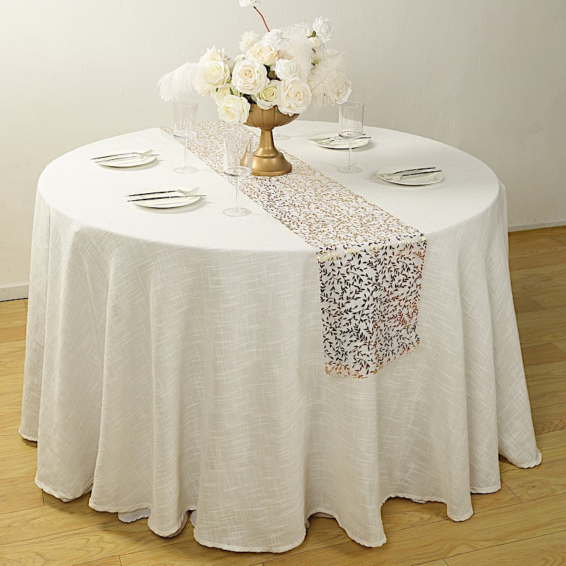 5 White 11x108 in Organza Mesh Table Runner Rolls with Gold Foil Leaf Vines