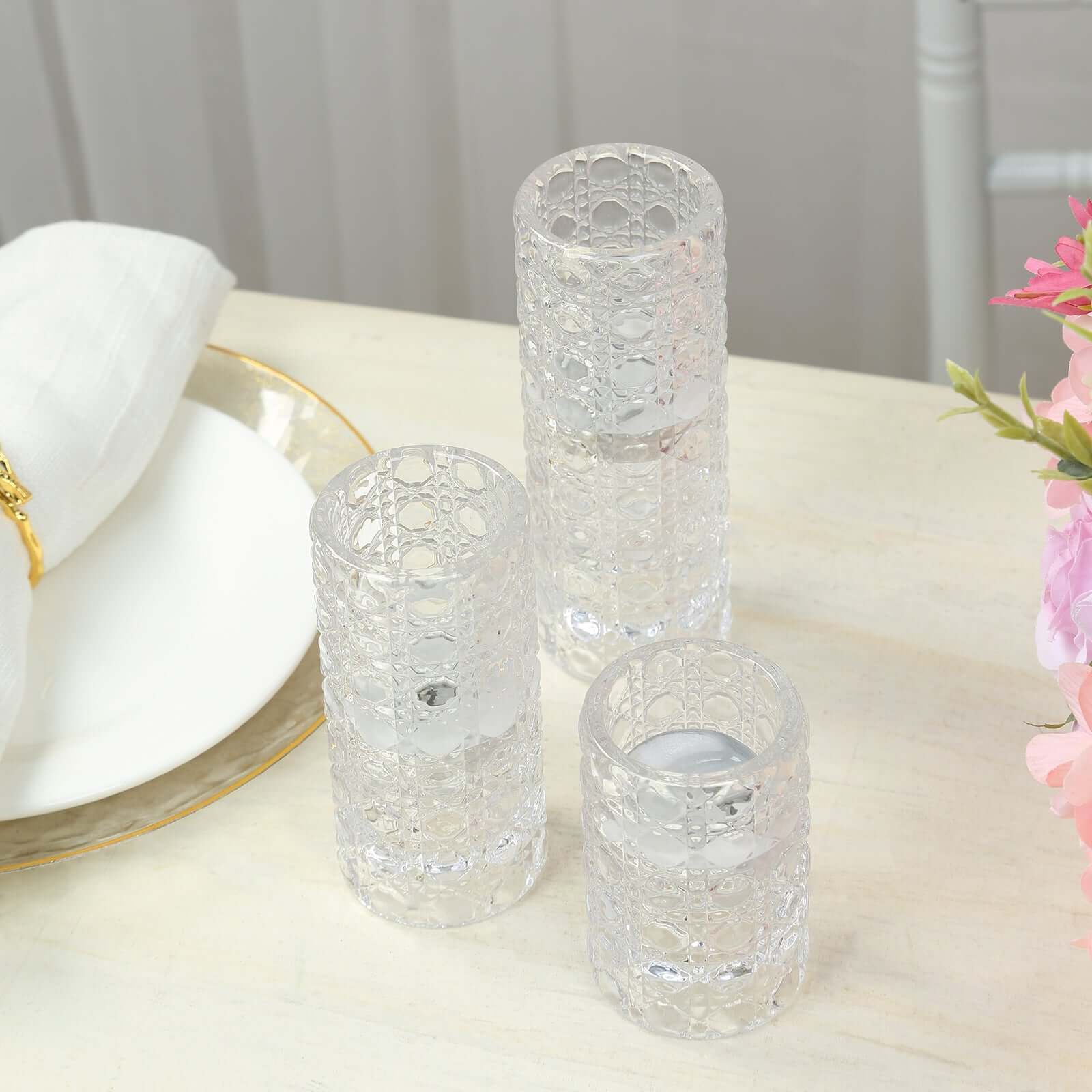 3 Clear Glass Taper Candle Holders with Gemstone Pattern