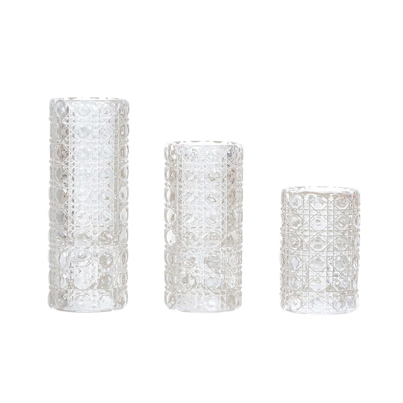 3 Clear Glass Taper Candle Holders with Gemstone Pattern