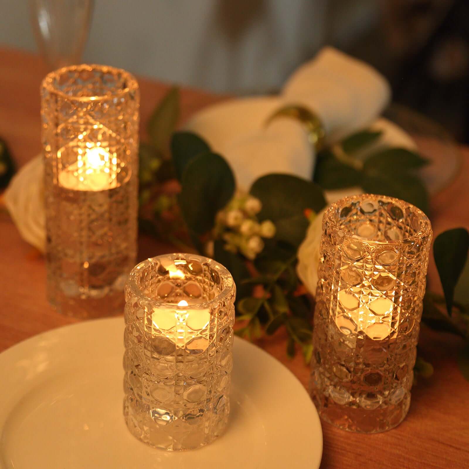 3 Clear Glass Taper Candle Holders with Gemstone Pattern