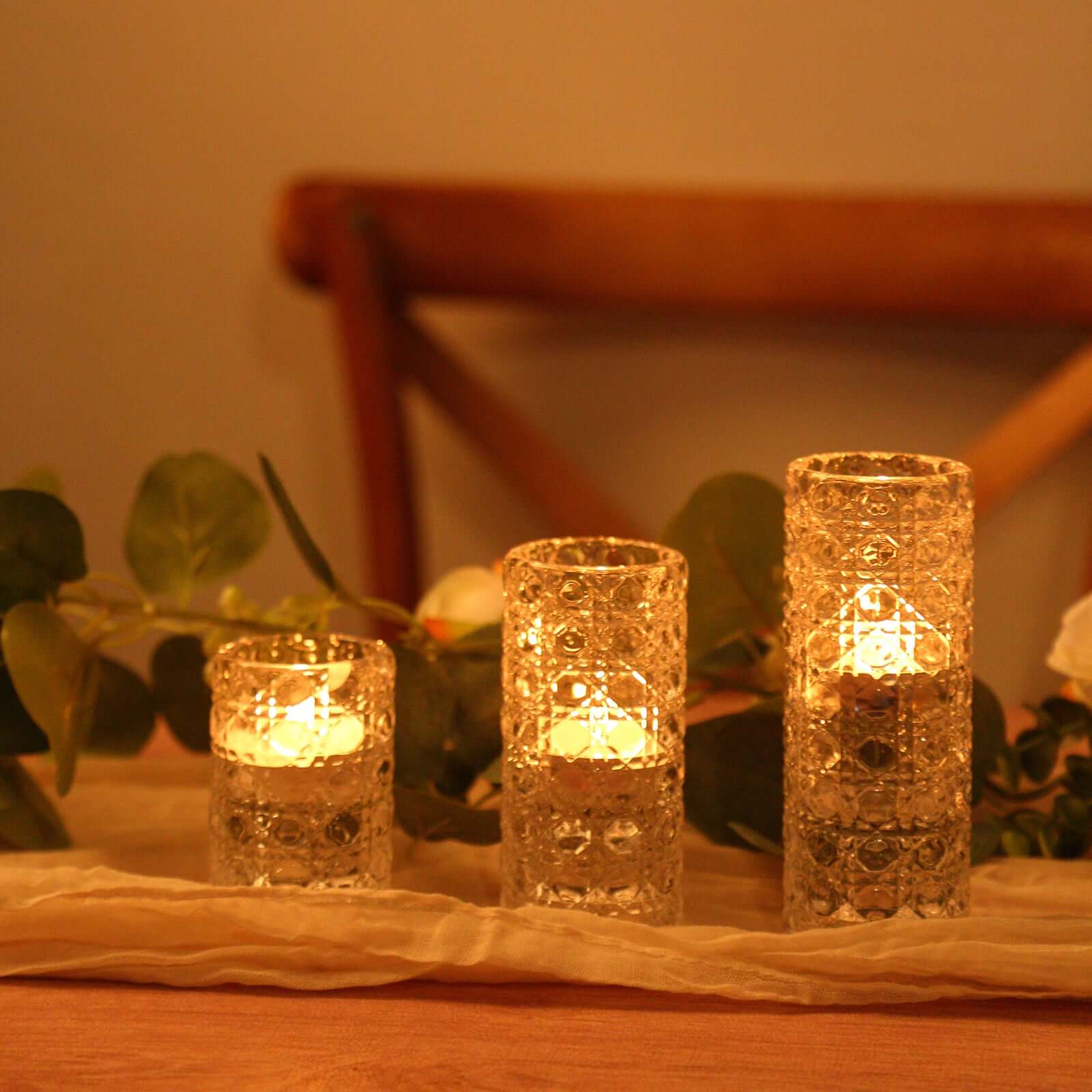 3 Clear Glass Taper Candle Holders with Gemstone Pattern