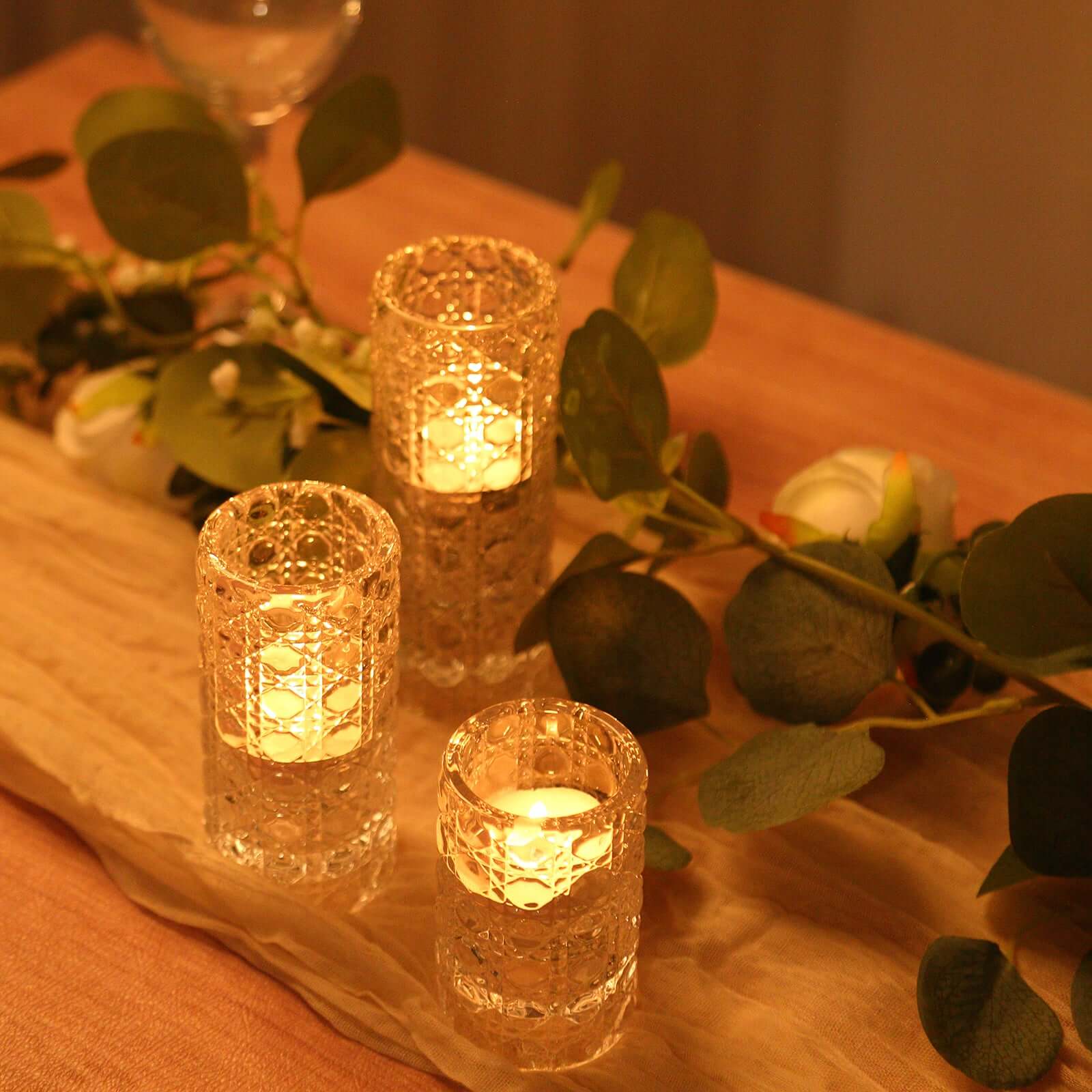 3 Clear Glass Taper Candle Holders with Gemstone Pattern