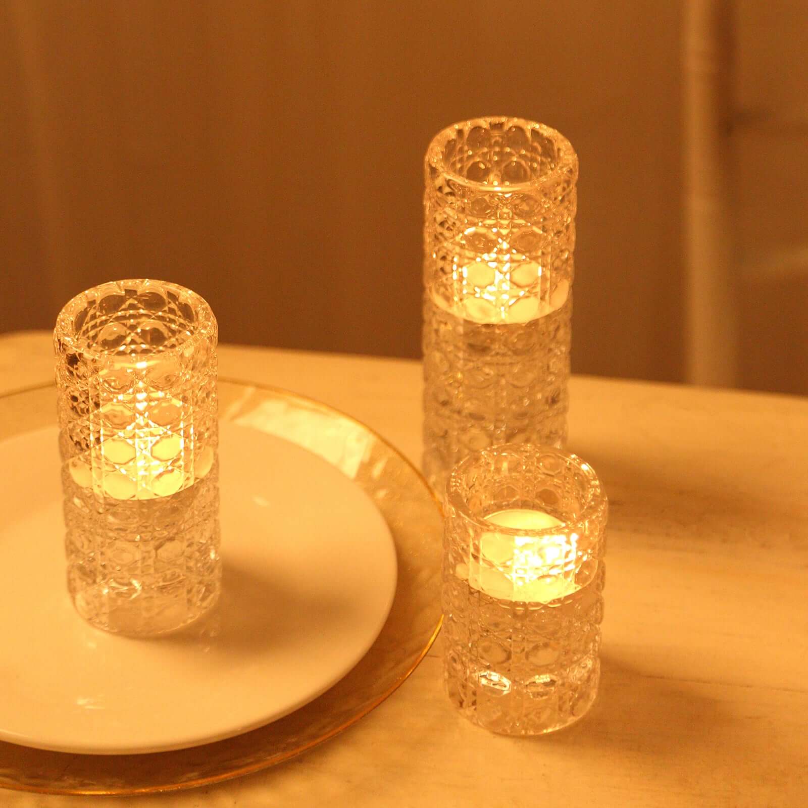 3 Clear Glass Taper Candle Holders with Gemstone Pattern