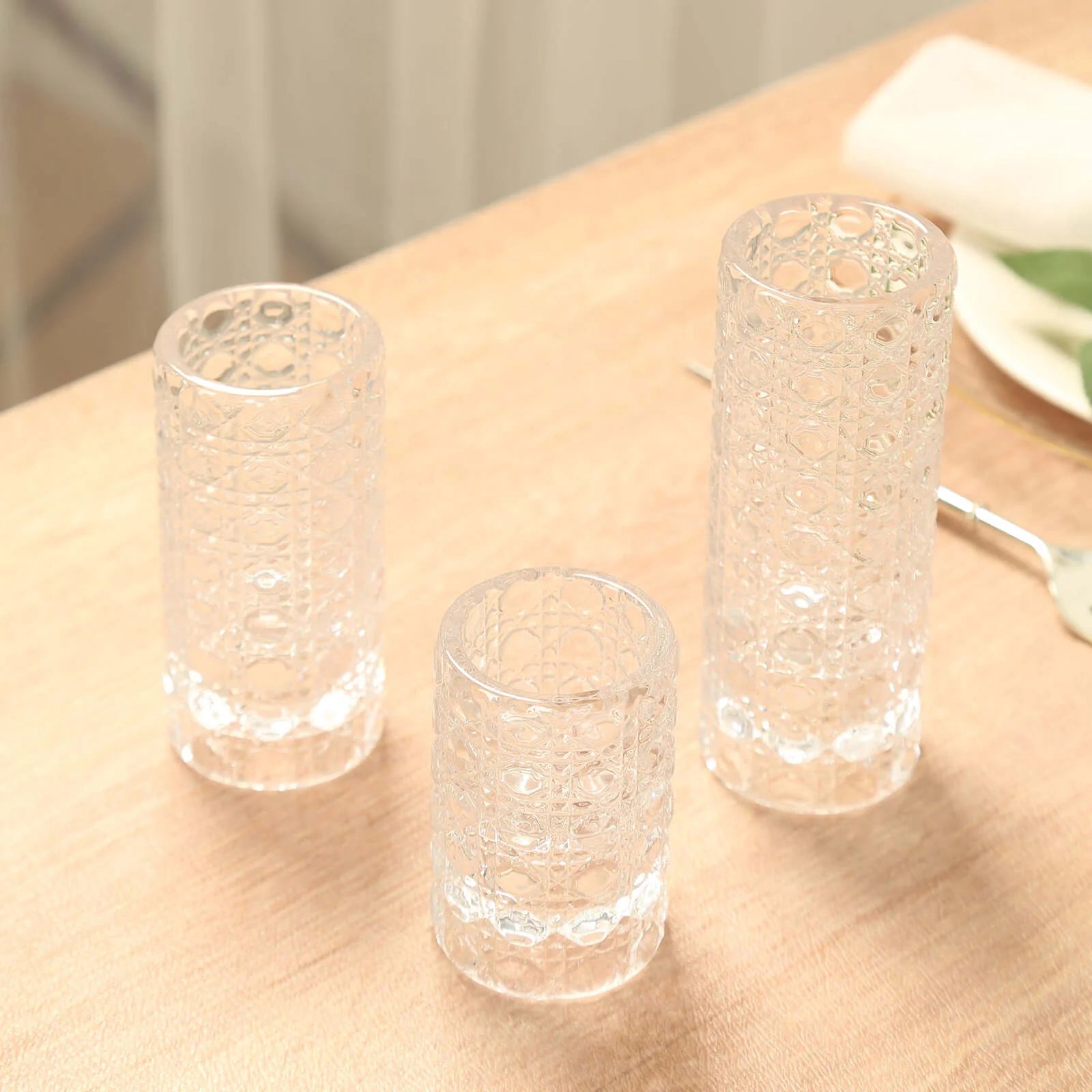 3 Clear Glass Taper Candle Holders with Gemstone Pattern