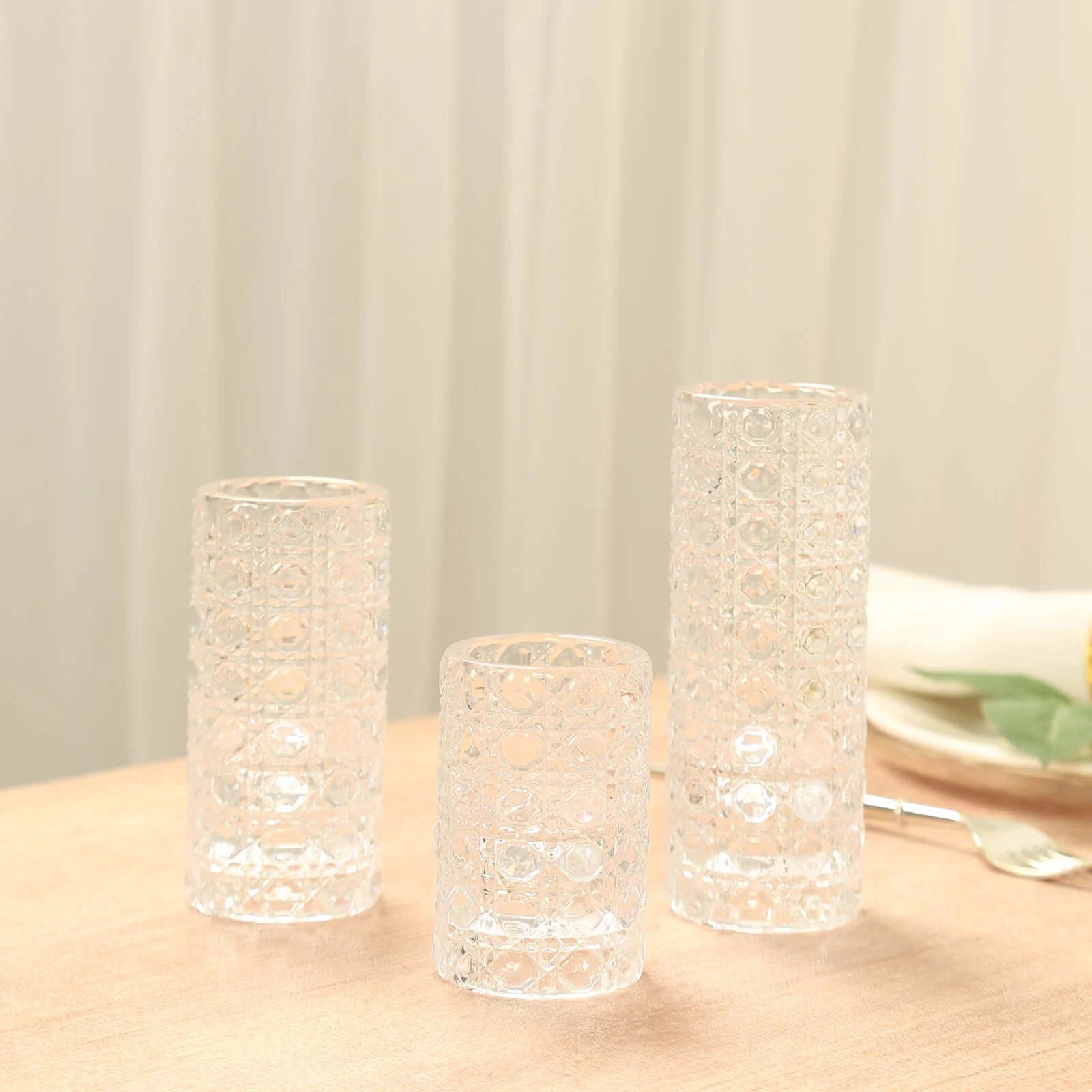 3 Clear Glass Taper Candle Holders with Gemstone Pattern