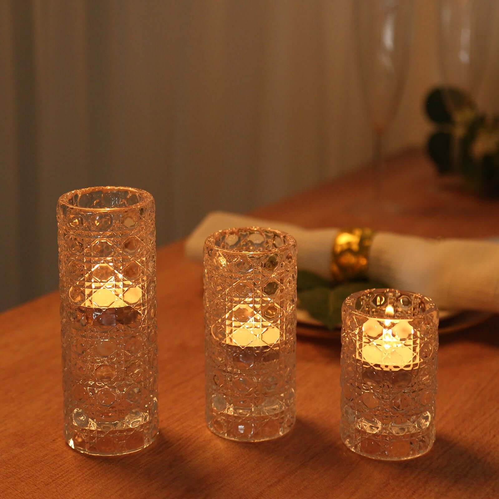 3 Clear Glass Taper Candle Holders with Gemstone Pattern