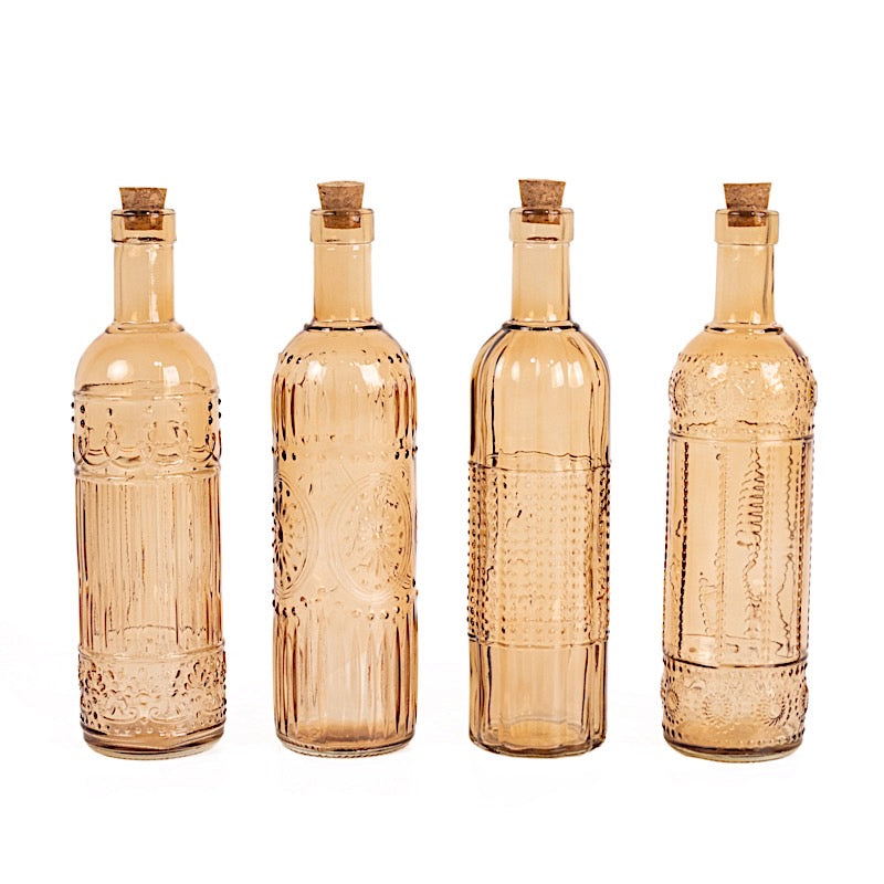 4 Amber Gold 16 oz Vintage Embossed Glass Bottles with Corks