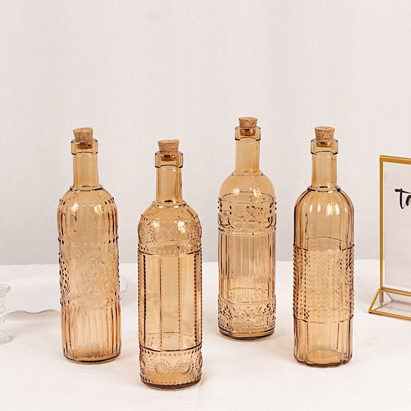 4 Amber Gold 16 oz Vintage Embossed Glass Bottles with Corks