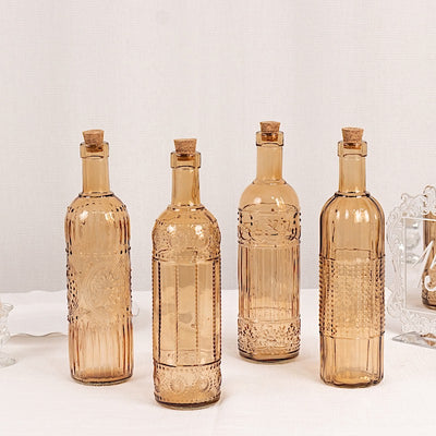 4 Amber Gold 16 oz Vintage Embossed Glass Bottles with Corks