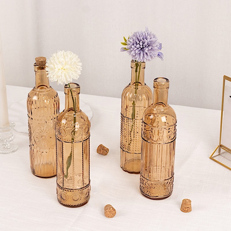 4 Amber Gold 16 oz Vintage Embossed Glass Bottles with Corks