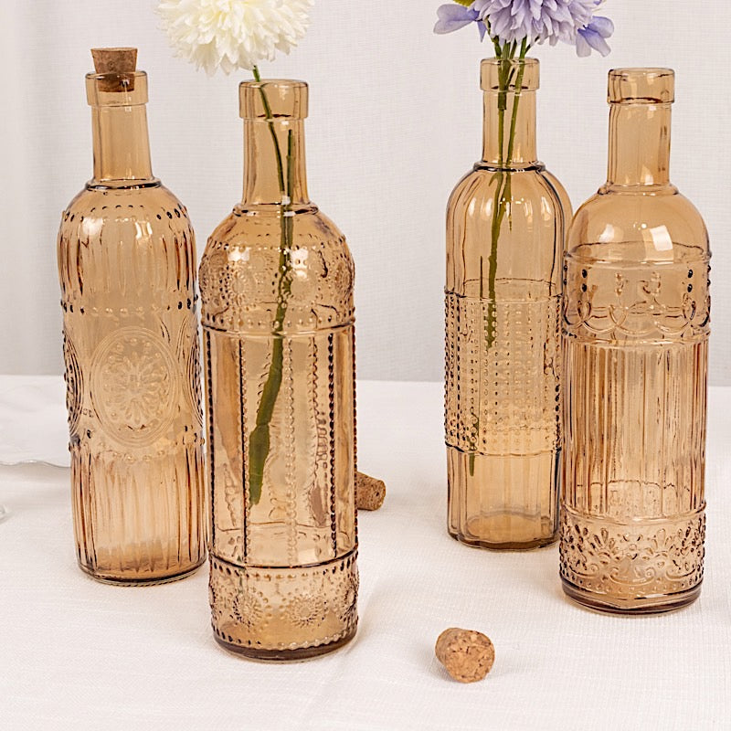 4 Amber Gold 16 oz Vintage Embossed Glass Bottles with Corks