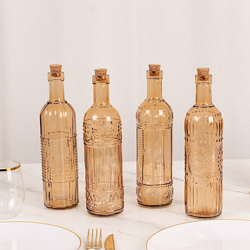 4 Amber Gold 16 oz Vintage Embossed Glass Bottles with Corks