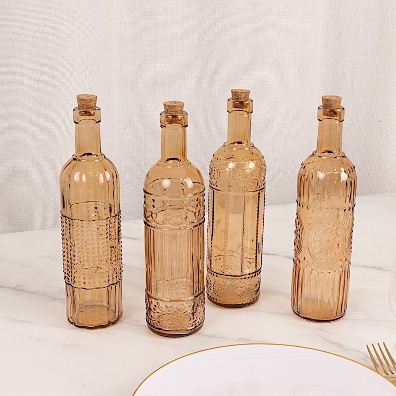 4 Amber Gold 16 oz Vintage Embossed Glass Bottles with Corks