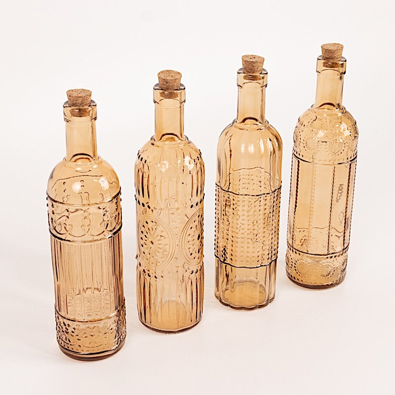 4 Amber Gold 16 oz Vintage Embossed Glass Bottles with Corks