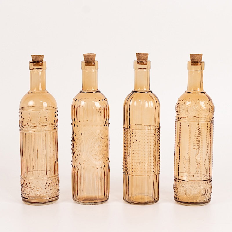 4 Amber Gold 16 oz Vintage Embossed Glass Bottles with Corks